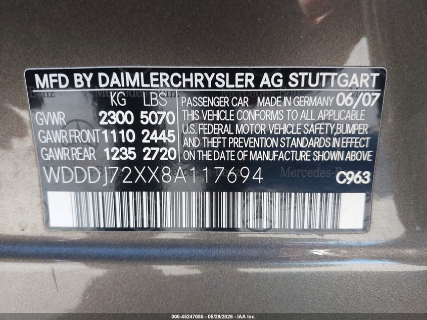 2008 Mercedes-Benz Cls 550 VIN: WDDDJ72XX8A117694 Lot: 45247085
