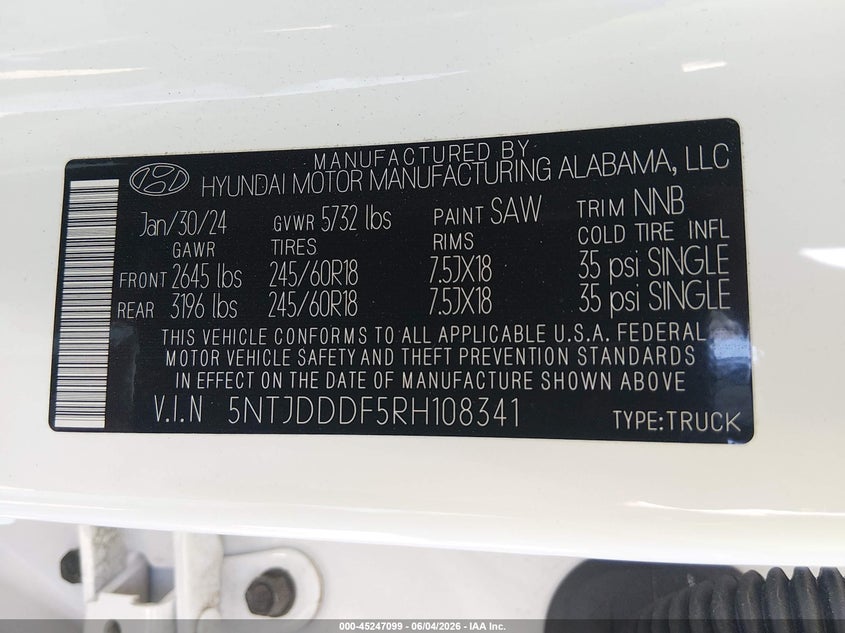 2024 Hyundai Santa Cruz Xrt VIN: 5NTJDDDF5RH108341 Lot: 45247099