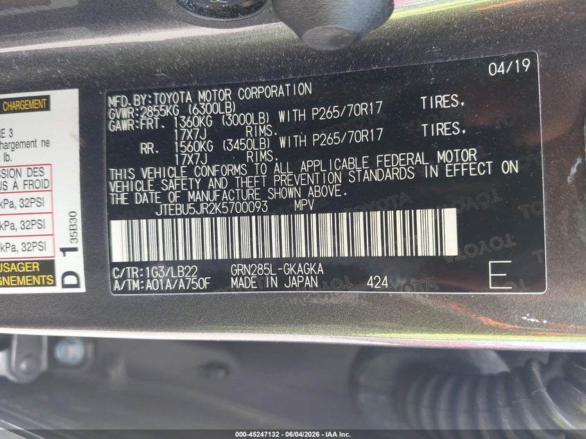 2019 Toyota 4Runner Sr5 Premium VIN: JTEBU5JR2K5700093 Lot: 45247132