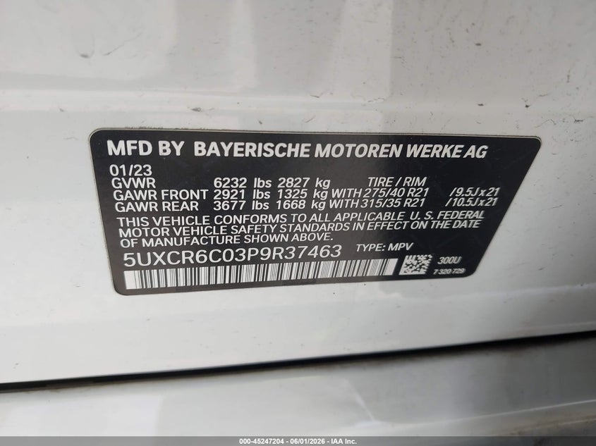 2023 BMW X5 xDrive40I VIN: 5UXCR6C03P9R37463 Lot: 45247204