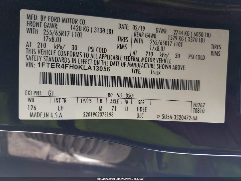 2019 Ford Ranger Xlt VIN: 1FTER4FH0KLA13056 Lot: 45247279
