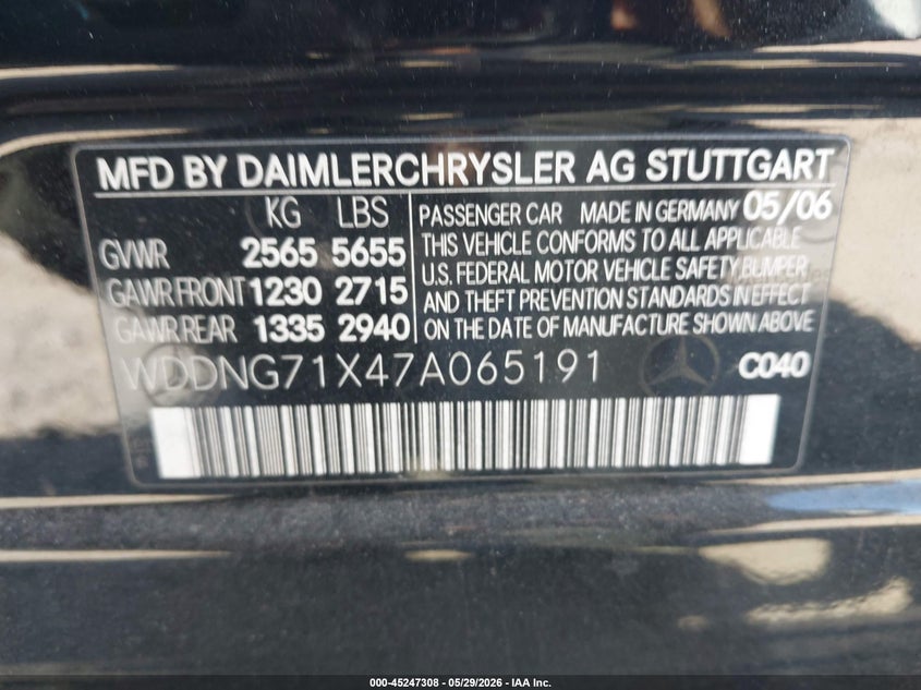 2007 Mercedes-Benz S 550 VIN: WDDNG71X47A065191 Lot: 45247308