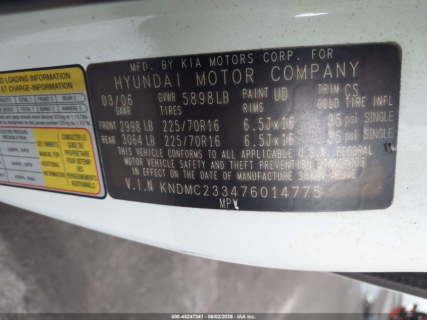 2007 Hyundai Entourage Gls/Limited/Se VIN: KNDMC233476014775 Lot: 45247341