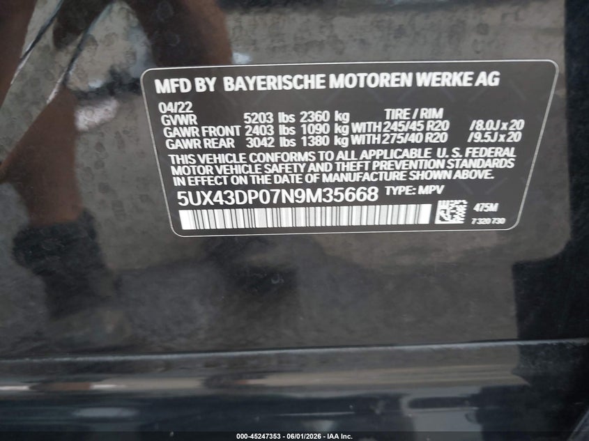 2022 BMW X3 Sdrive30I VIN: 5UX43DP07N9M35668 Lot: 45247353