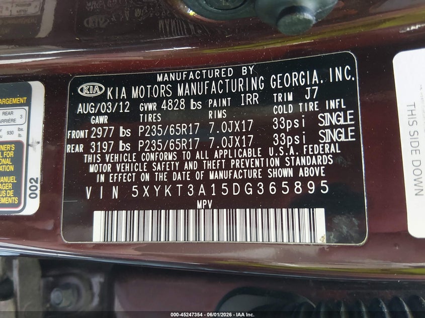 2013 Kia Sorento Lx VIN: 5XYKT3A15DG365895 Lot: 45247354