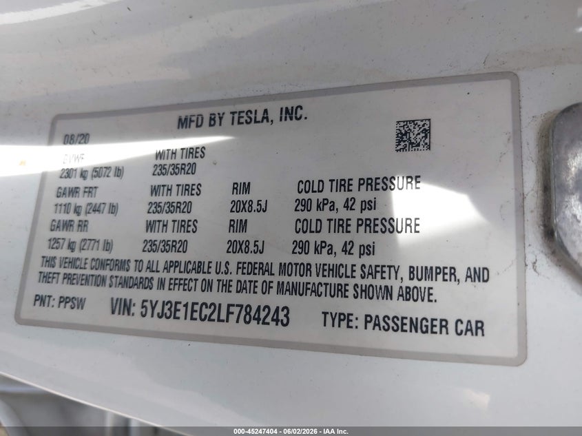 2020 Tesla Model 3 Performance Dual Motor All-Wheel Drive VIN: 5YJ3E1EC2LF784243 Lot: 45247404