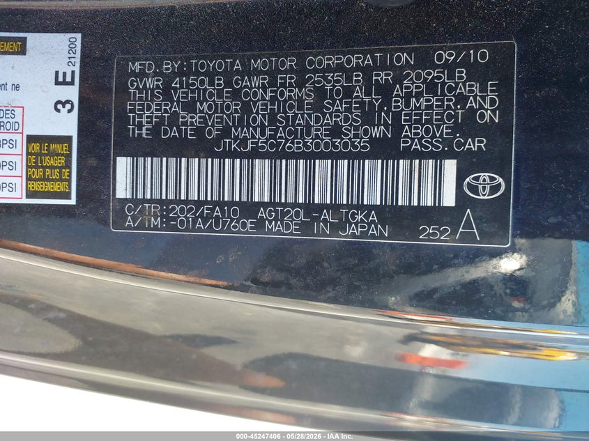 2011 Scion Tc VIN: JTKJF5C76B3003035 Lot: 45247406