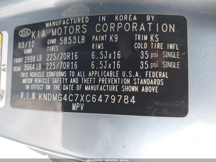 2012 Kia Sedona Lx VIN: KNDMG4C7XC6479784 Lot: 45247431