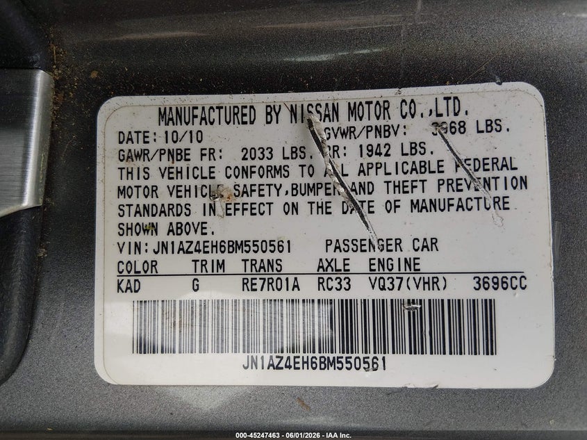 2011 Nissan 370Z Touring VIN: JN1AZ4EH6BM550561 Lot: 45247463