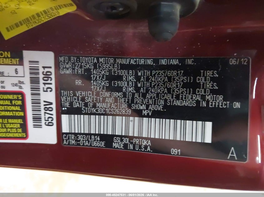 2012 Toyota Sienna 3.5 Xle V6 8 Passenger red Lot 111045247531 Vin 5TDYK3DC1CS262839