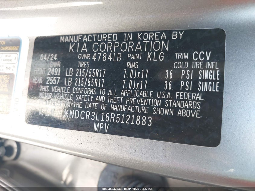 2024 Kia Niro Ev Wind VIN: KNDCR3L16R5121883 Lot: 45247543