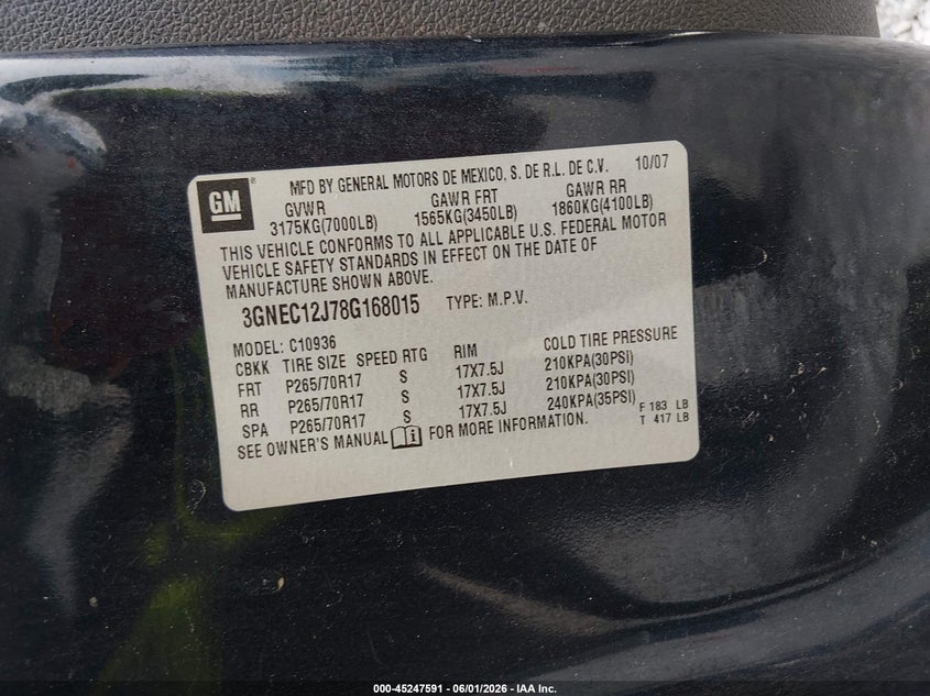 2008 Chevrolet Avalanche 1500 Ls VIN: 3GNEC12J78G168015 Lot: 45247591