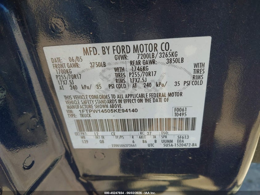 2005 Ford F-150 Fx4/Lariat/Xlt VIN: 1FTPW14505KE94140 Lot: 45247654