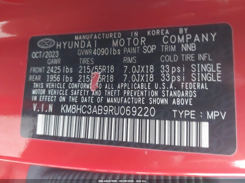 2024 Hyundai Kona Sel VIN: KM8HC3AB9RU069220 Lot: 45247689