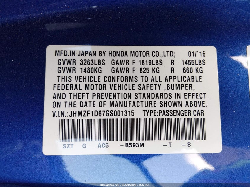 2016 Honda Cr-Z Ex/Ex-L Navi VIN: JHMZF1D67GS001315 Lot: 45247726