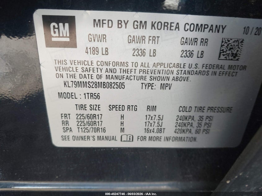 2021 Chevrolet Trailblazer Fwd Ls VIN: KL79MMS28MB082505 Lot: 45247746