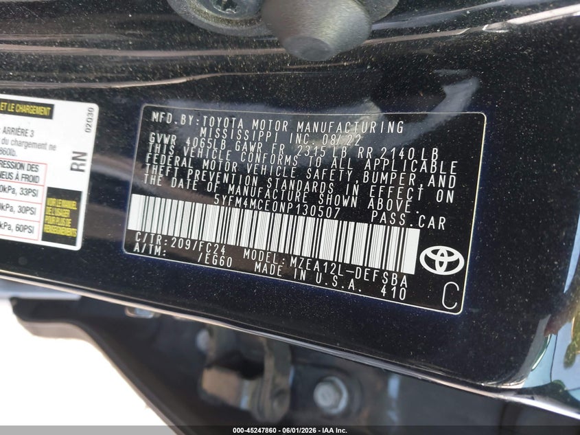 VIN 5YFM4MCE0NP130507 2022 TOYOTA COROLLA SE APEX EDITION