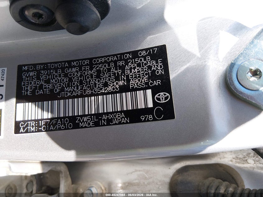 2017 Toyota Prius Three VIN: JTDKARFU8H3542803 Lot: 45247865