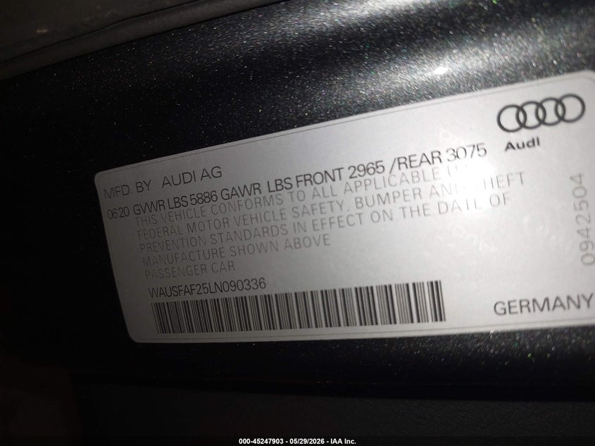 2020 Audi S7 Sportback Prestige Tfsi Quattro Tiptronic VIN: WAUSFAF25LN090336 Lot: 45247903