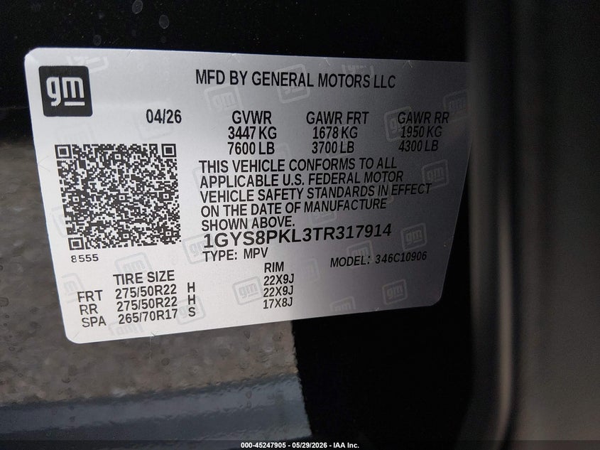 2026 Cadillac Escalade Esv Sport VIN: 1GYS8PKL3TR317914 Lot: 45247905