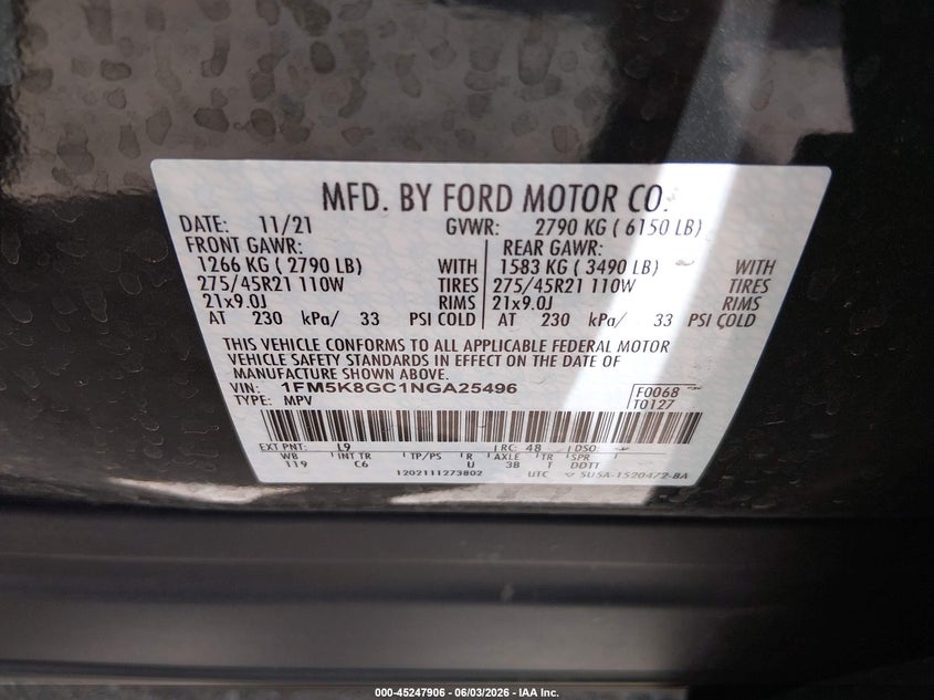 2022 Ford Explorer St VIN: 1FM5K8GC1NGA25496 Lot: 45247906