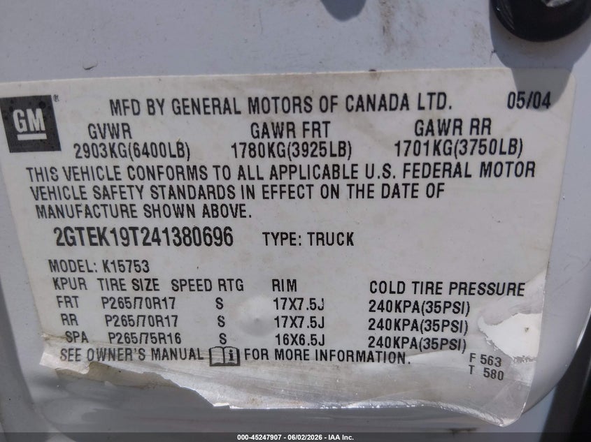 2004 GMC Sierra 1500 Sle VIN: 2GTEK19T241380696 Lot: 45247907