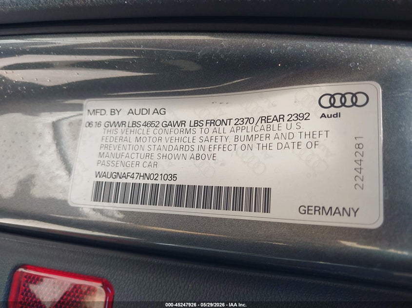2017 Audi A4 2.0T Premium VIN: WAUGNAF47HN021035 Lot: 45247926