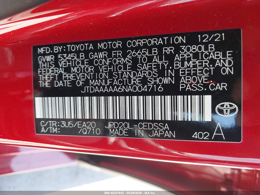 2022 Toyota Mirai Xle VIN: JTDAAAAA6NA004716 Lot: 45247932