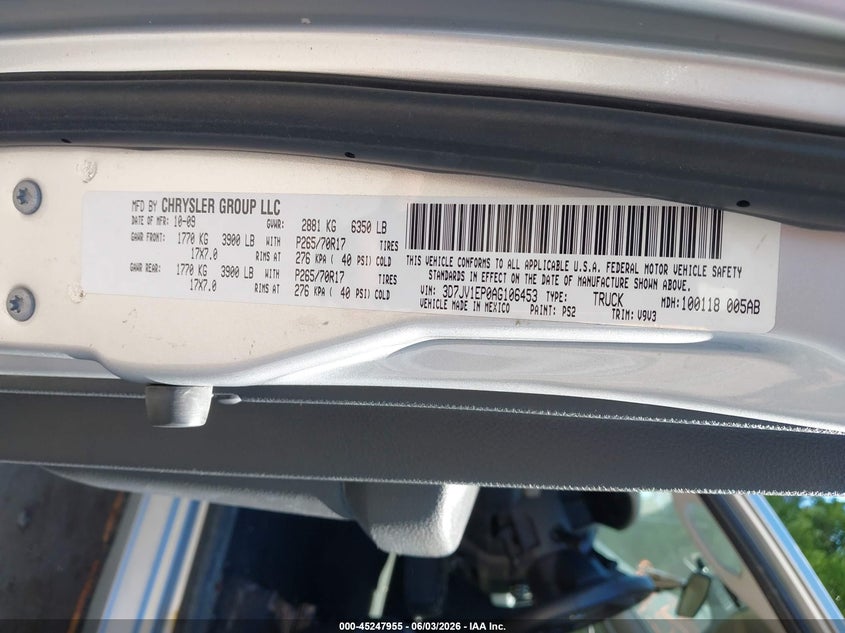 2010 Dodge Ram 1500 St VIN: 3D7JV1EP0AG106453 Lot: 45247955