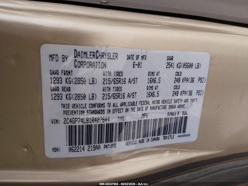 2001 Chrysler Town & Country Ex VIN: 2C4GP74L81R407644 Lot: 45247956