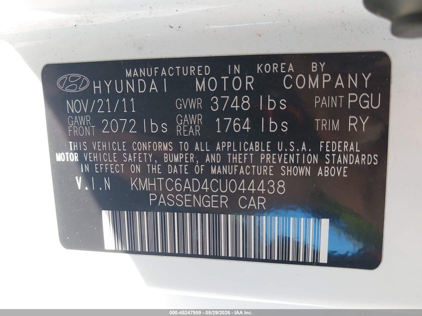 2012 Hyundai Veloster 1.6 Base W/Gray white Lot 111045247959 Vin KMHTC6AD4CU044438