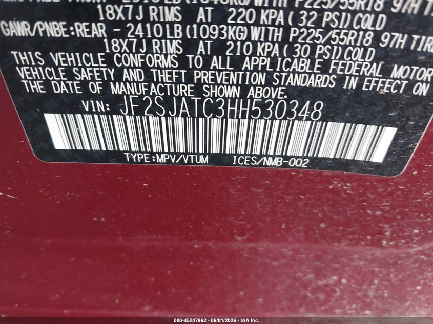 2017 Subaru Forester 2.5I Touring VIN: JF2SJATC3HH530348 Lot: 45247962