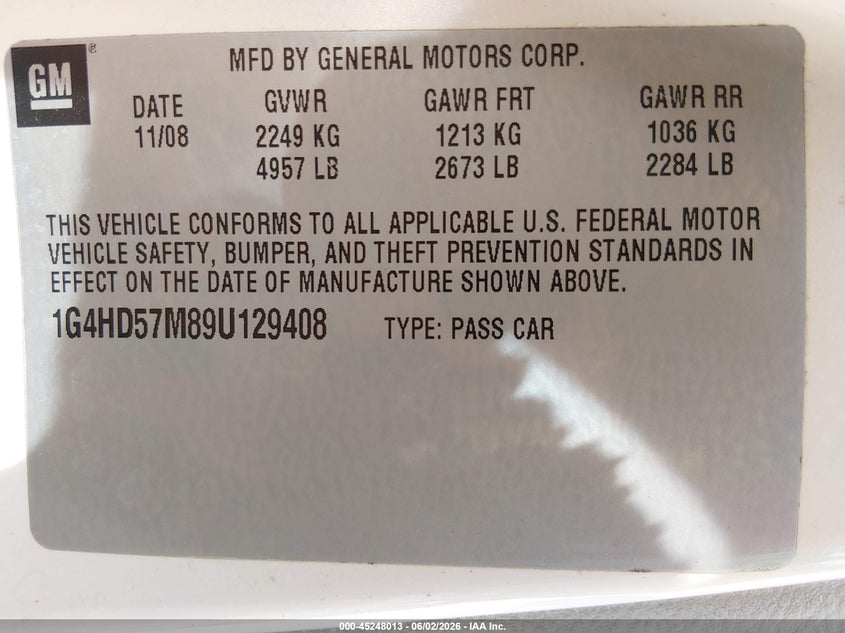 2009 Buick Lucerne Cxl-3 VIN: 1G4HD57M89U129408 Lot: 45248013