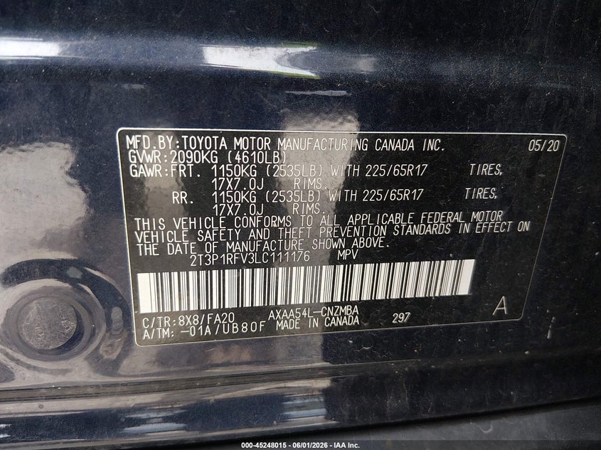 2020 TOYOTA RAV 4 SPORT UTILITY VEHICLE 2.5L I-4 DI, DOHC, VVT, 203HP
