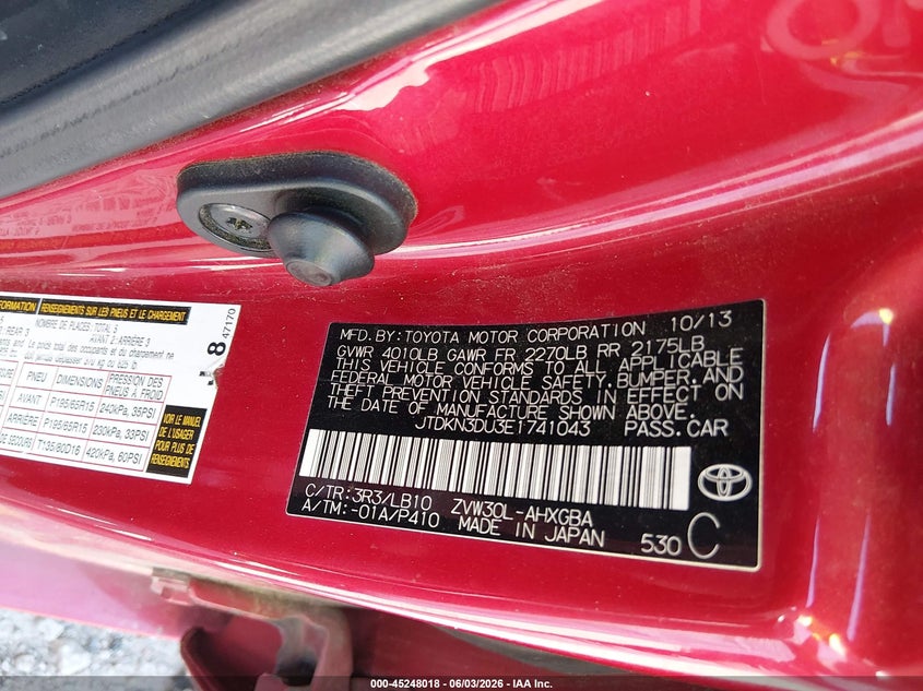 2014 Toyota Prius Four VIN: JTDKN3DU3E1741043 Lot: 45248018