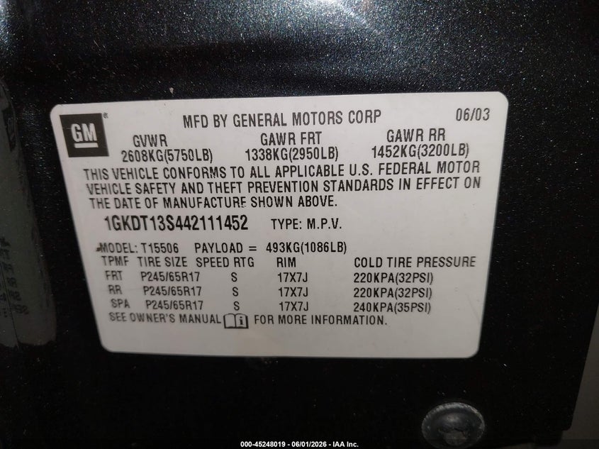 2004 GMC Envoy Sle VIN: 1GKDT13S442111452 Lot: 45248019