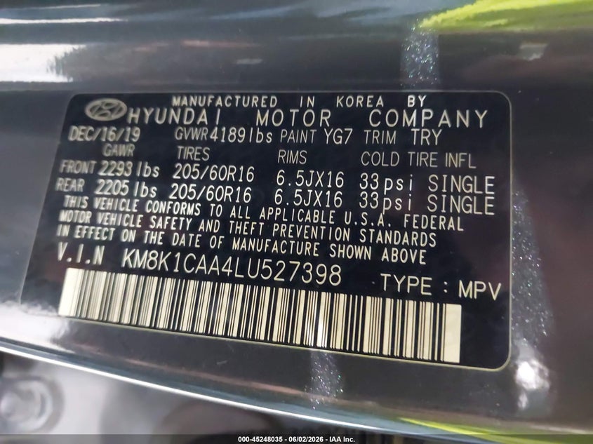 2020 Hyundai Kona Se VIN: KM8K1CAA4LU527398 Lot: 45248035
