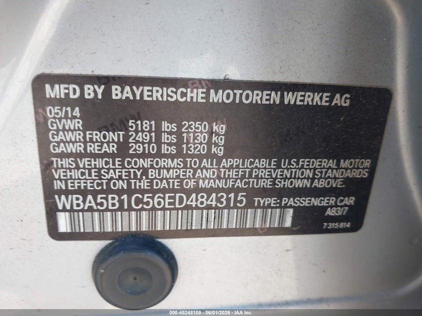 2014 BMW 535I VIN: WBA5B1C56ED484315 Lot: 45248109