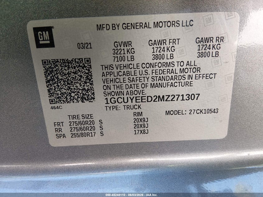 2021 Chevrolet Silverado 1500 4Wd Short Bed Rst VIN: 1GCUYEED2MZ271307 Lot: 45248110