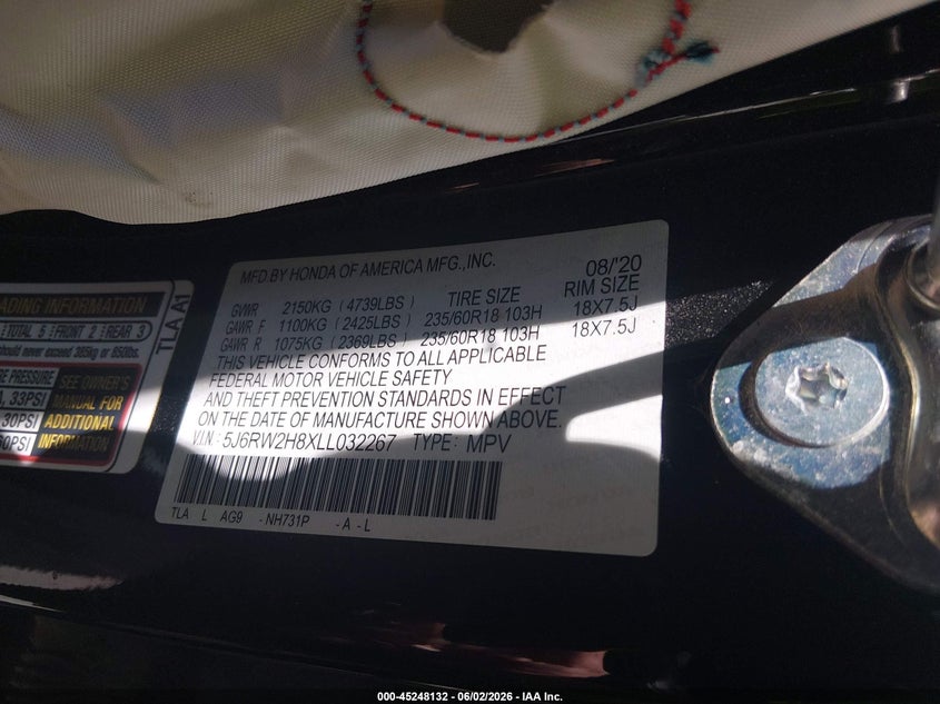 VIN 5J6RW2H8XLL032267 2020 HONDA CR-V AWD EX-L
