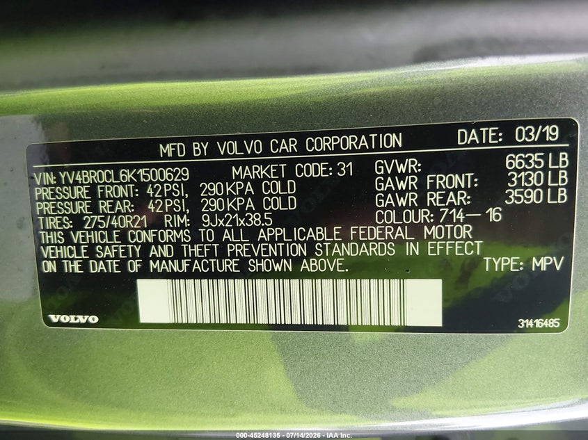 2019 Volvo Xc90 Hybrid T8 Inscription VIN: YV4BR0CL6K1500629 Lot: 45248135