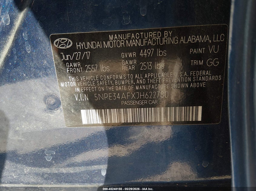 VIN 5NPE34AFXJH622780 2018 HYUNDAI SONATA SEL