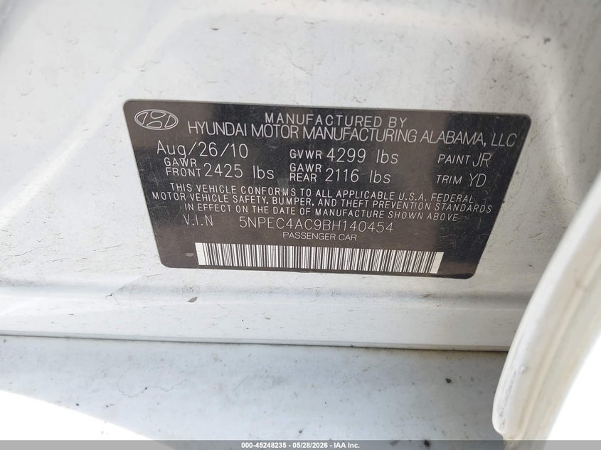 2011 Hyundai Sonata 2.4 Limited white Lot 111045248235 Vin 5NPEC4AC9BH140454