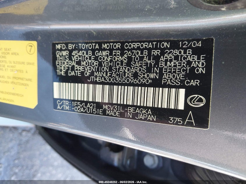 2005 Lexus Es 330 VIN: JTHBA30G355096090 Lot: 45248252