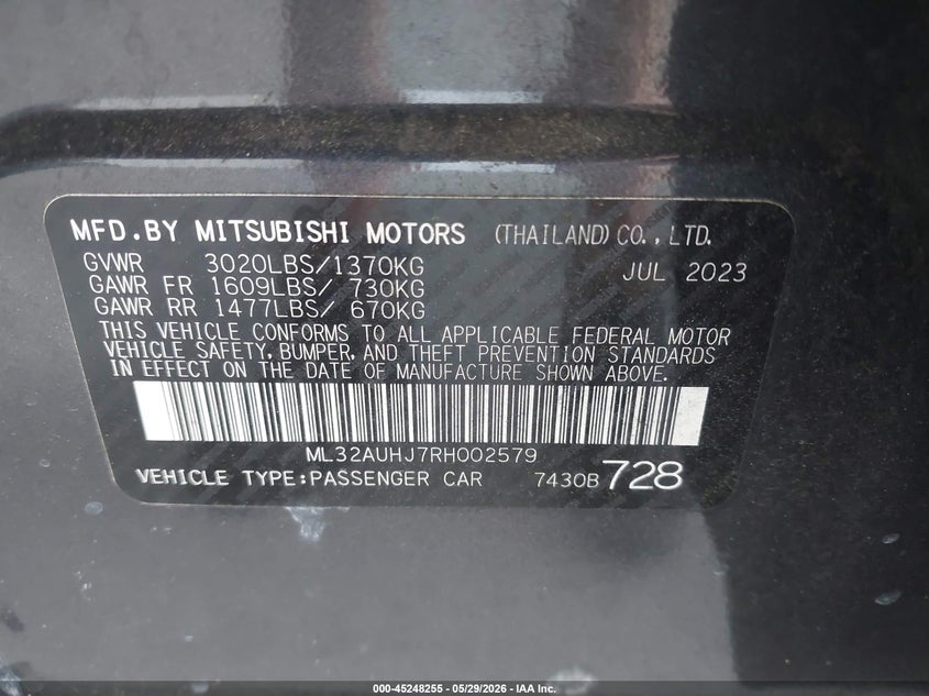 2024 Mitsubishi Mirage Es VIN: ML32AUHJ7RH002579 Lot: 45248255