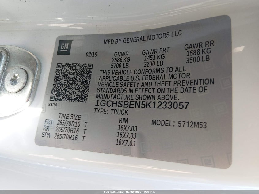 2019 Chevrolet Colorado Wt VIN: 1GCHSBEN5K1233057 Lot: 45248260