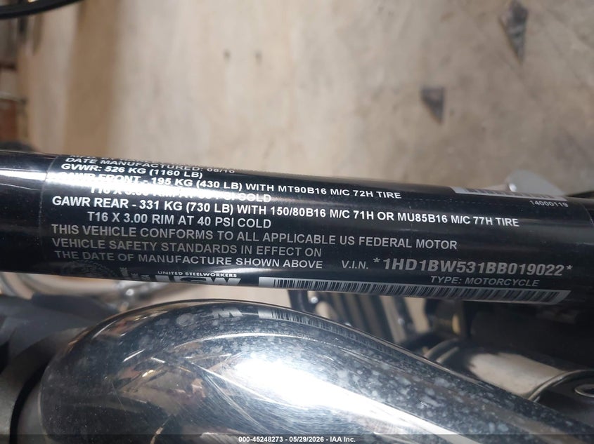 2011 Harley-Davidson Flstc VIN: 1HD1BW531BD019022 Lot: 45248273