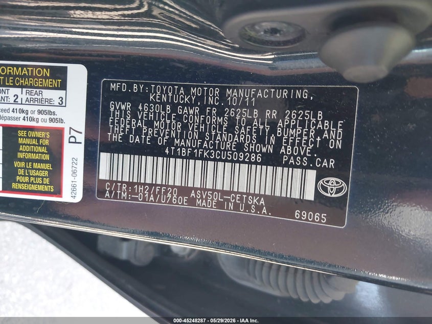2012 TOYOTA CAMRY SEDAN 2.5L I-4 DOHC, VVT, 178HP