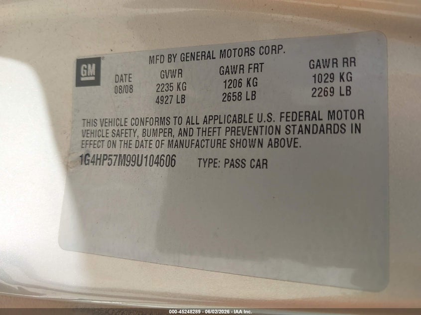 2009 Buick Lucerne Cx-2 VIN: 1G4HP57M99U104606 Lot: 45248289