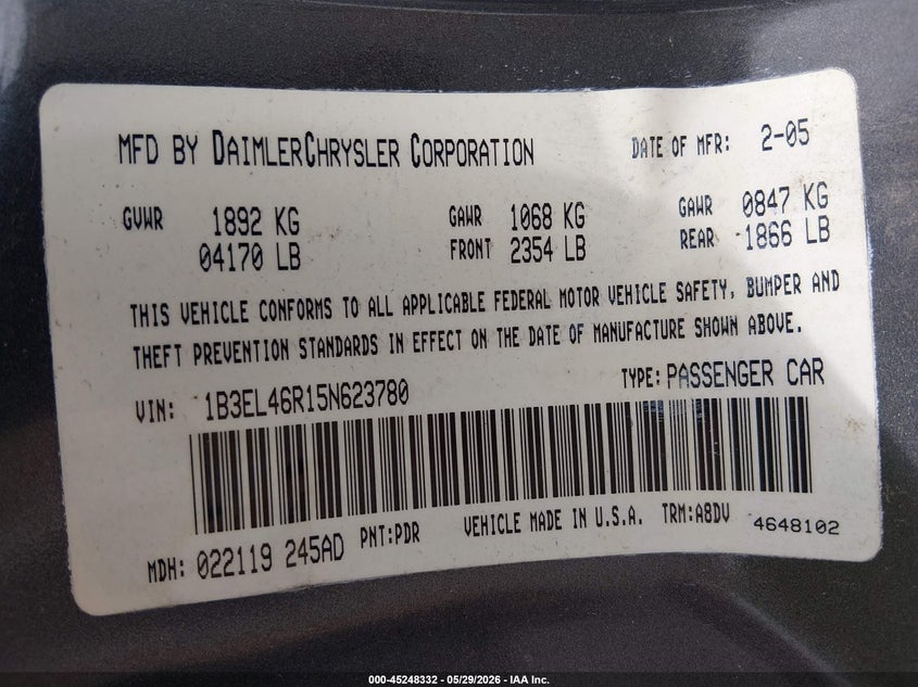 2005 Dodge Stratus Sxt VIN: 1B3EL46R15N623780 Lot: 45248332